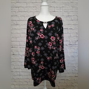 Zac & Rachel Black Blouse with Red Floral Accents